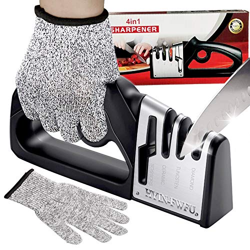 Knife Sharpeners HYIN-FWFU 4-Stage Pro Kitchen Chef Knife and Scissors Sharpeners with Glove Best Kitchen Accessories to Repair Restore Polish Blades Quickly Safely for Utility Knife Chef Knife Blades