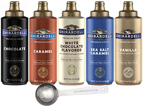 Ghirardelli - 16 Ounce Black Label, 16 Ounce Vanilla, 16 Ounce White, 17 Ounce Caramel, 17 Ounce Sea Salt Caramel Flavored Sauce (Set of 5) - with Limited Edition Measuring Spoon