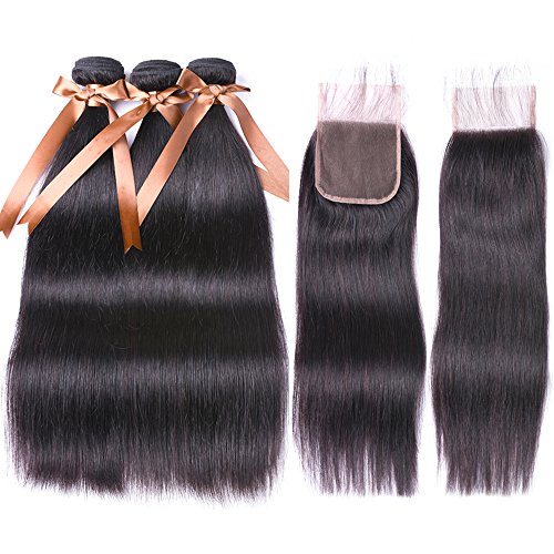 ALLRUN Straight Hair Bundles with Closure (20 22 24+18 Closure) 100% Brazilian Straight Virgin Hair 3 Bundles with Lace Closure Free Part Human Hair Extensions Natural Black Color