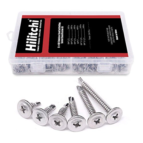 Hilitchi 410 Stainless Steel Wafer Head Phillips Self Drilling Screws Sheet Metal Tek Screws Assortment Kit, Modified Truss Head Self Driller - Size: #8 x 1/2' ~ #8 x 1-1/2' (Pack of 240)