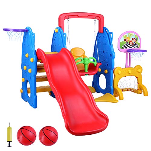 LAZY BUDDY 5 in 1 Toddler Slide and Swing Set, Kids Freestanding Climber Playground, Safe Children Activity Center for Indoor&Backyard, with 2 Adjustable Ball Hoops, Football Gate, 2 Packages Delivery