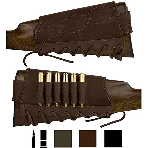 BRONZEDOG Adjustable Leather Buttstock Cartridge Ammo Holder for Rifles 12 16 Gauge or .30-30 .308 Caliber Hunting Ammo Pouch Bag Stock Right Handed Shotgun Shell Holder (Brown, 7.62 Caliber)