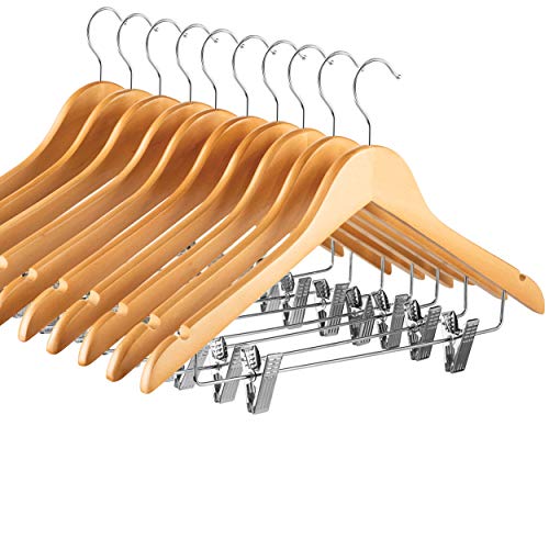 High-Grade Wooden Suit Hangers Skirt Hangers with Clips (10 Pack) Smooth Solid Wood Pants Hangers with Durable Adjustable Metal Clips, 360° Swivel Hook, Shoulder Notches for Dress Coat, Jacket, Blouse