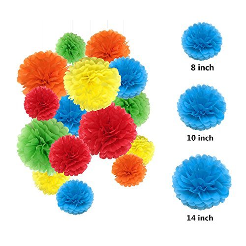 PARLAIM 15 Pieces Paper Flower Tissue Colorful Paper Pom Poms Decorations- 8, 10, 14 Inch - Paper Flowers Perfect for Wedding Decor Birthday Celebration Wedding Party and Outdoor Decoration