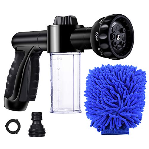 Garden Hose Nozzle, High Pressure Hose Spray Nozzle 8 Way Spray Pattern with 3.5oz/100cc Soap Dispenser Bottle Snow Foam Gun for Watering Plants, Lawn, Patio, Car Wash, Cleaning，Showering Pet