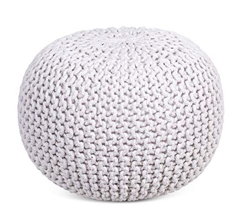 BIRDROCK HOME Round Pouf Foot Stool Ottoman - Knit Bean Bag Floor Chair - Cotton Braided Cord - Great for The Living Room, Bedroom and Kids Room - Small Furniture (Ivory)