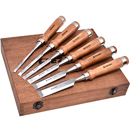Wood Chisel Tool Sets, 6 Pieces Chrome Vanadium and Hard Ashtree Handle Woodworking Chisel Kit with Premium Wooden Case for Carpentry Craftsman