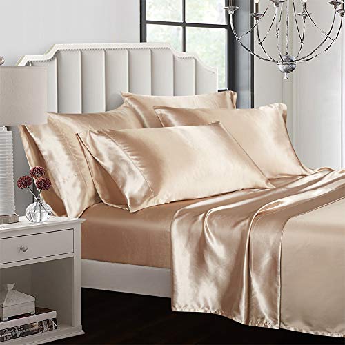 AiMay 6 Piece Bed Sheet Set Deep Pocket Luxury Rich Silk Satin Silky Super Soft Solid Color Hypoallergenic Reversible Stain-Resistant Wrinkle Free (Queen, Khaki)