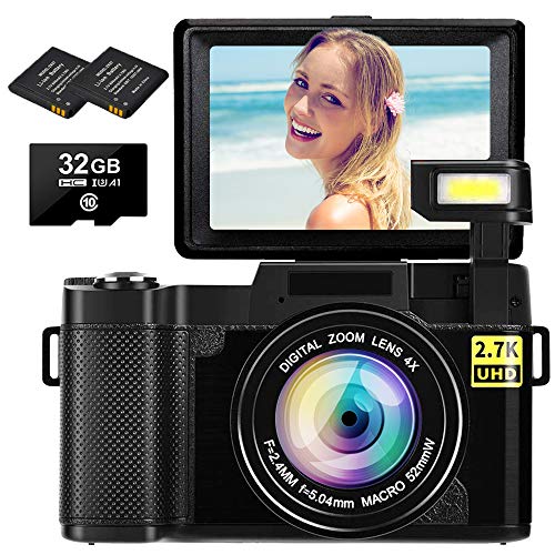 Digital Camera Vlogging Camera 2.7K 30MP Ultra HD Camera Compact Camera 4X Digital Zoom Retractable Flashlight Video Camera with 3.0 Inch Flip Screen with 32GB Micro SD Card and 2 Batteries