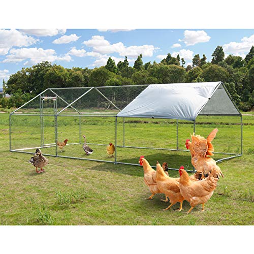 Large Metal Chicken Coop Walk-in Poultry Cage Hen Run House Rabbits Habitat Cage Spire Shaped Coop with Waterproof and Anti-Ultraviolet Cover for Outdoor Backyard Farm Use (10' L x 20' W x 6.4' H)