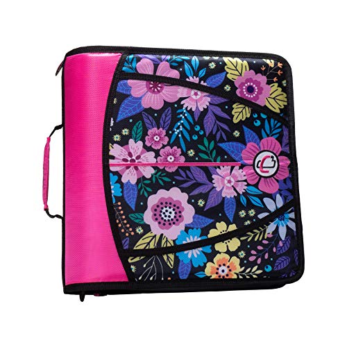 Case-It T641P Zipper Binder, 3-Inch Capacity, with 5-Tab Expanding File, Zip Mesh Pocket, Shoulder Strap, Midnight Floral Pink