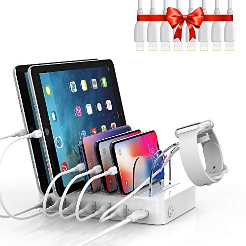 Soopii Quick Charge 3.0 60W/12A 6-Port Charging Station for Multiple Devices, 8pcs USB Charging Cables and 1pc Plastic Holder for i Watch Charger Included,for Phones, Tablets,and Other Electronics