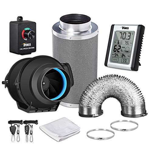 iPower GLFANXEXPSET4D25CHUMD 4 Inch 150 CFM Inline Filter 25 Feet Ducting with Fan Speed Controller and Temperature Humidity Monitor and Grow Tent Ventilation, 4' Kits, Black