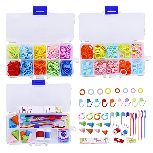 381 Pieces Stitch Ring Markers and Colorful Knitting Crochet Locking Counter Stitch Needle Clips + Weaving Tools Knitting Kits with 3 Storage Boxes