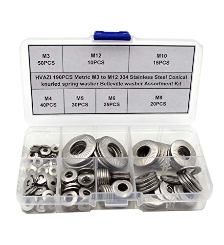 HVAZI 190PCS Metric M3 to M12 304 Stainless Steel Conical knurled Spring Washer Belleville Washer Assortment Kit