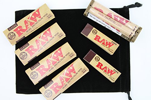 Raw 1 1/4 Deal - 1 1/4 Classic Rolling Papers, 79mm Rolling Machine and Filter Tips - INCLUDES - Black Velvet Pouch