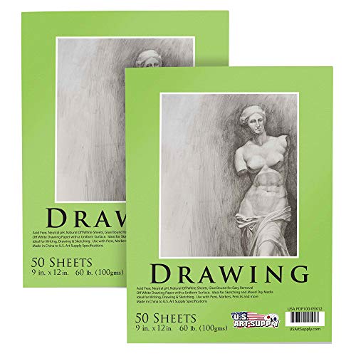 U.S. Art Supply 9' x 12' Premium Drawing Paper Pad, 60 Pound (100gsm), Pad of 50-Sheets, Great for All Mixed Media Uses (Pack of 2 Pads)