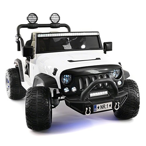 Explorer 2 (Two) Seater 12V Power Kids Ride-On Car Truck with R/C Parental Remote + EVA Rubber LED Wheels + Leather Seat + MP3 Music Player Bluetooth FM Radio + LED Lights (White)