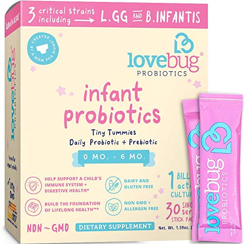 LoveBug Probiotics for Infants 0-6 Months Old Immune Support, 1 Billion CFU & 3 Strains, 30 Easy to Mix Dissolvable Packets, Probiotic Supplement for Digestive & Immune Health, Vegan & Non-GMO