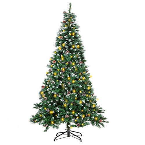 INTERGREAT 7 Ft Prelit Christmas Tree with Light, Indoor/Outdoor Christmas Tree with Pine Cones,1000 Tips Flocked Artificial Xmas Tree with Metal Stand, Easy Assembly (Green/White)