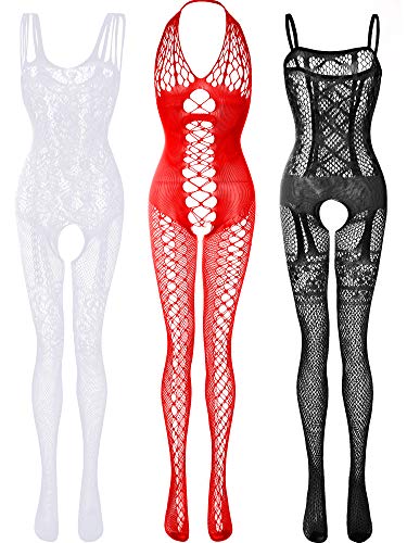 3 Pieces Women's Lace Stockings Lingerie Floral Fishnet Bodysuits Lingerie Nightwear for Romantic Date Wearing (Red, Black, White)