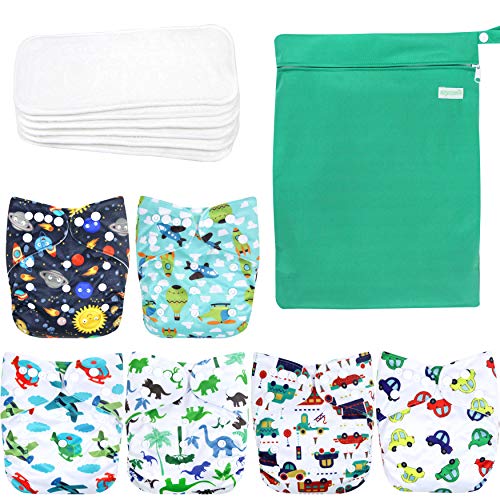 wegreeco Washable Reusable Baby Cloth Pocket Diapers 6 Pack + 6 Bamboo Inserts (with 1 Wet Bag, Car, Airplane)