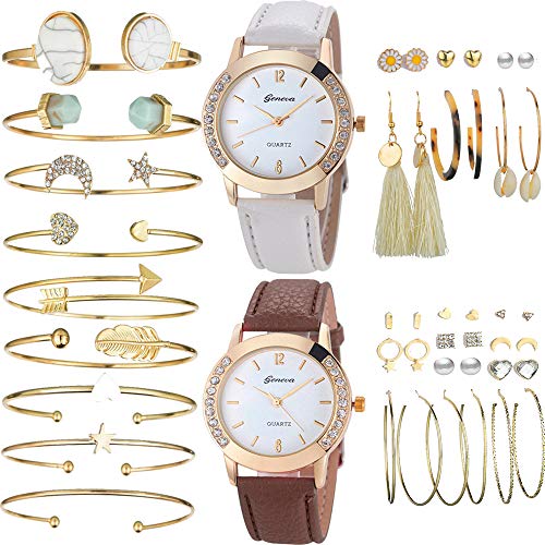 Yunanwa 29 PCS Gold Jewelry Watches Set with 2PCS Watches, 9PCS Bracelet, 18 Pairs Layered Ball Dangle Hoop Stud Earrings for Women Girls