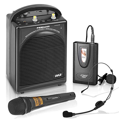 Pyle Portable PA Speaker & Microphone System - FM Stereo Radio, Built-in Rechargeable Battery, Aux & Microphone Inputs, Includes Beltpack, Handled Headset & Lavalier Mics - PWMA200