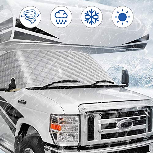 BougeRV RV Windshield Window Snow Cover for Class C Ford 1997-2020 Motorhome Windshield Cover Snow Cover for RV Front Window Sunshade Cover RV Accessories 4 Layers with Mirror Cutouts Silver