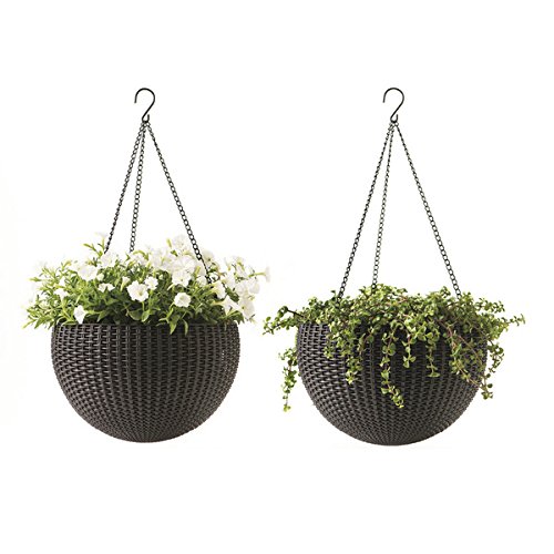Keter Resin Rattan Set of 2 Round Hanging Planter Baskets for Indoor and Outdoor Plants-Perfect for Porches and Patio Decor, Brown