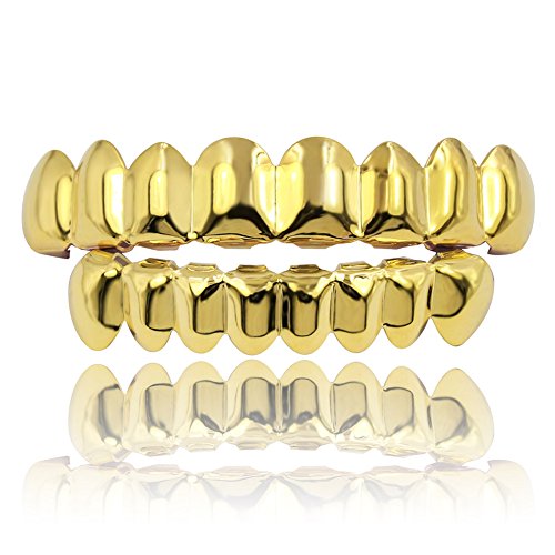 JINAO 18K Gold Plated Gold Finish 8 Top Teeth 8 Bottom Tooth Grillz Hip Hop Mouth Grills for Men Women (Gold Set)