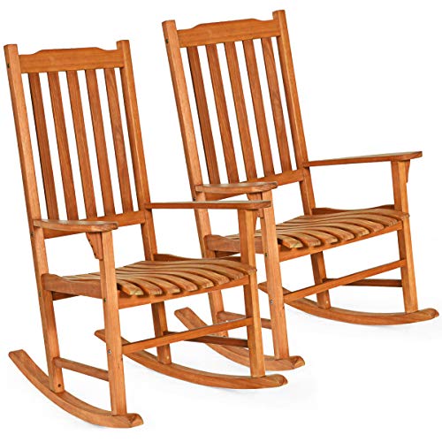 Giantex Set of 2 Porch Rocking Chair, Solid Wood Rocker for Outdoor Indoor Use. Natural Finish, Single Chairs for Patio Deck Garden