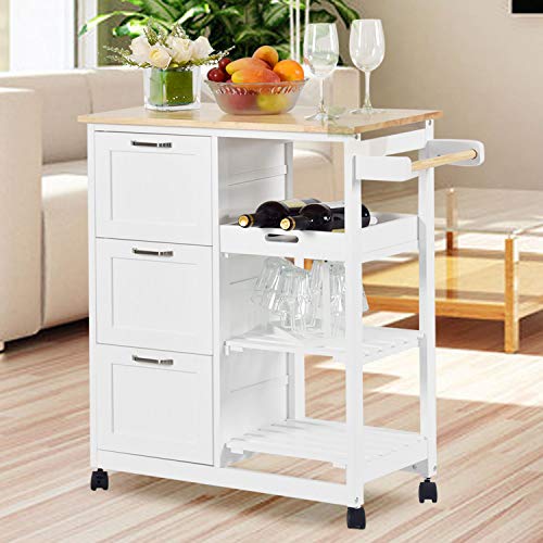 NSdirect Kitchen Island Cart,Industrial Kitchen Bar&Serving Cart Rolling Utility Storage Cart with 3-Tier Wine Rack Shelves&Three Storage Drawers,Soild Rubber Wood Top