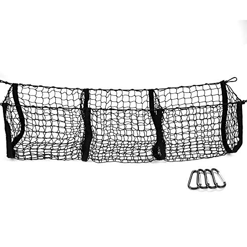 MICTUNING MIC-CN-229 Three 3 Pocket Trunk Organizer Storage Heavy Duty Cargo Net for Car, SUV, Pickup Truck Bed-Black Mesh with Free 4 Metal Carabiners