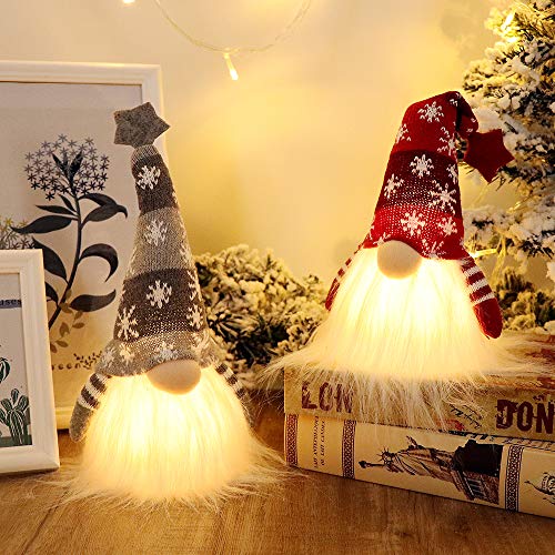 GMOEGEFT Scandinavian Christmas Gnome Lights with Timer, Swedish Santa Tomte Gnome, Nordic Xmas Decoration - Set of 2 (Red & Grey), 11 x 4 Inches