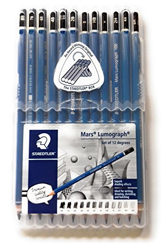 Wooden Lead Pencil By Staedtler Mars Lumograph - Pack of 12 Degrees in Practical Plastic Storage Box
