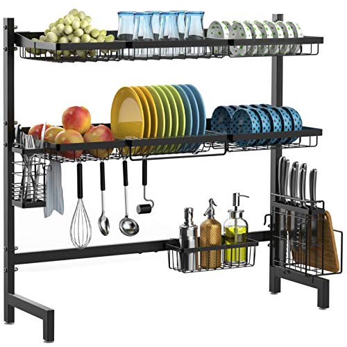 Over the Sink Dish Drying Rack, iSPECLE 2-Tier Large Premium 201 Stainless Steel Dish Rack with Utensil Holder Hooks Stable Bend Foot for Kitchen Kitchen Supplies Storage Counter Non-Slip