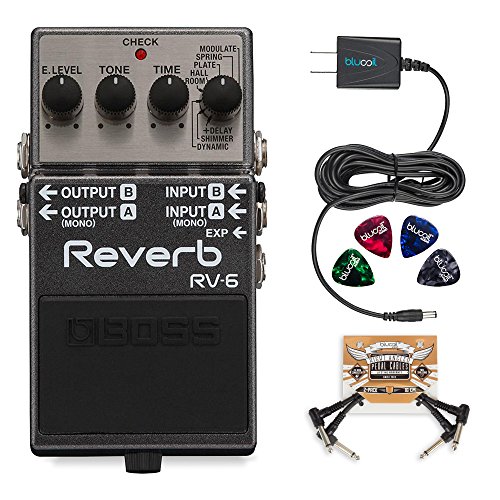 BOSS RV-6 Digital Reverb Pedal Bundle with Blucoil Slim 9V Power Supply AC Adapter, 2-Pack of Pedal Patch Cables, and 4-Pack of Celluloid Guitar Picks