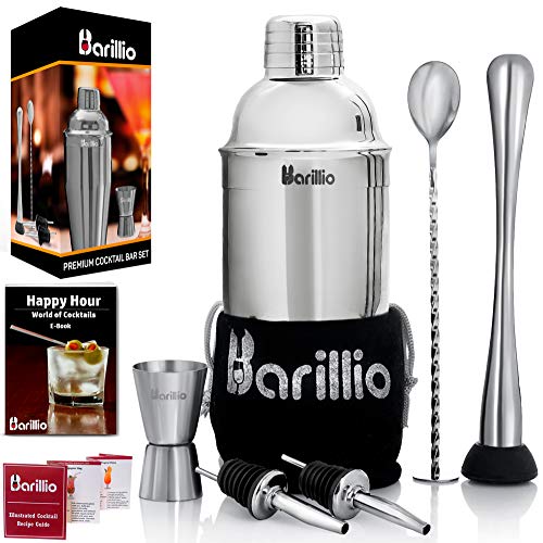 Elite Cocktail Shaker Set Bartender Kit by BARILLIO: 24 oz Stainless Steel Martini Mixer, Muddler, Mixing Spoon, jigger, 2 liquor pourers, Velvet Bag, Recipes Booklet & eBook