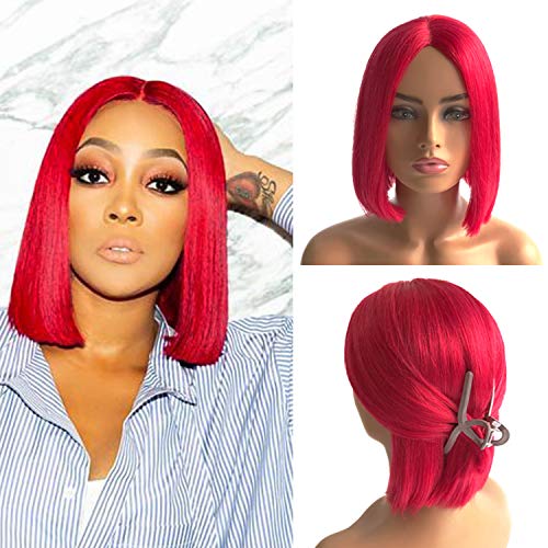Short Non Lace Front Bob Wigs Human Hair 8 Inch Red Colored Middle Parting Straight Wigs for Black Women Glueless Natural Hairline Brazilian Virgin Hair No Lace Wig 180% Density Full Even Ends