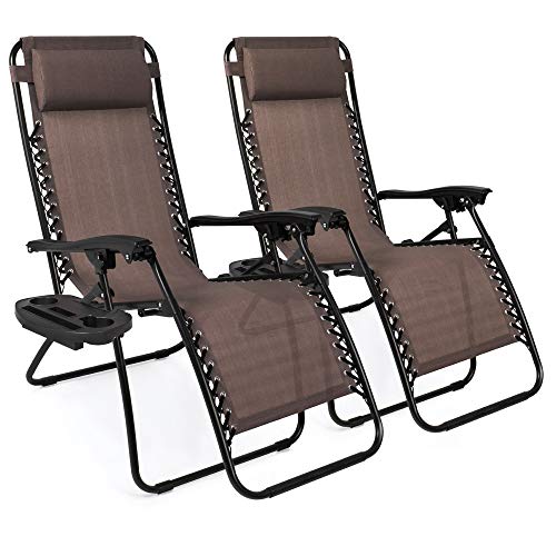 Best Choice Products Set of 2 Adjustable Steel Mesh Zero Gravity Lounge Chair Recliners w/Pillows and Cup Holder Trays, Brown