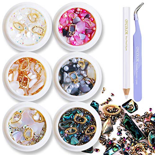 OYCOLOR 6 Boxes 3D Nail Art Decoration Kit Mix-Color Nail Shell Gem Pearls Flat-Back Rhinestone Hollow Charm Manicure Accessories With 1Pc Curved Tweezers And Wax Pen