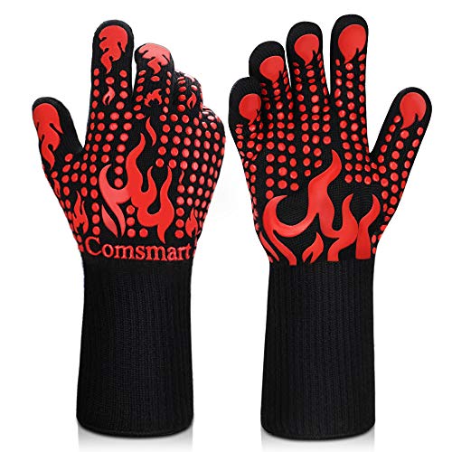 BBQ Gloves, 1472°F Heat Resistant Grilling Gloves Silicone Non-Slip Oven Gloves Long Kitchen Gloves for Barbecue, Cooking, Baking, Welding, Cutting (M, Red)