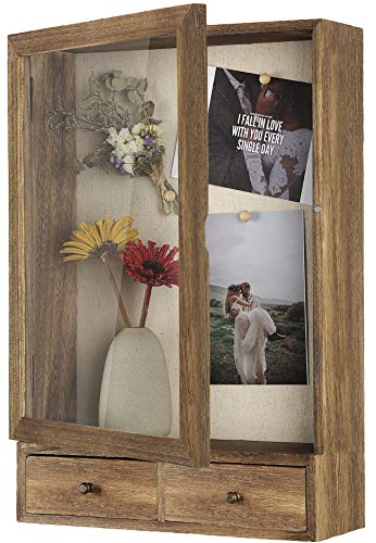 Shadow Box Display Case 11 x 14 ' Shadowbox Frame 4 Inch Depth with Linen Back Loading Opening Glass Door and 2 Jewelry Boxes Perfect to Display Memorabilia, Pins, Awards, Medals, Tickets and Photos