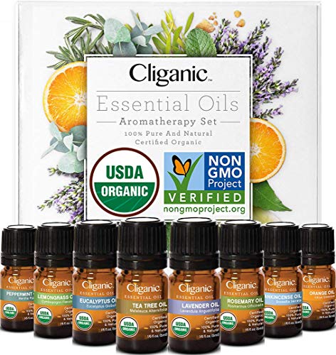 Cliganic USDA Organic Aromatherapy Essential Oils Set (Top 8), 100% Pure Natural - Peppermint, Lavender, Eucalyptus, Tea Tree, Lemongrass, Rosemary, Frankincense & Orange | Cliganic 90 Days Warranty