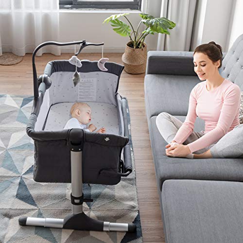 BABY JOY Baby Bedside Crib, Height Adjustable Portable Bassinet w/Music, Toy Rack, Mattress, Straps, Breathable Mesh & Carrying Bag, Easy Folding Kids Bed Side Sleeper for Newborn Infant (Dark Grey)