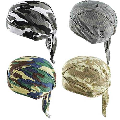 GUIFIER 4 Pack Do Rag/Dew Rag - Sweat Wicking Skull Beanie Cap Priate Hat - Bandana & Motorcycle Head Wrap - Cooling Helmet Liner for Men & Women Camo