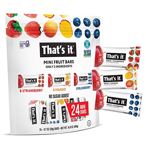 That’s It. Mini Fruit Bars Variety (24 Pack) High Fiber, Vegan & Gluten Free, No Sugar Added, Breakfast Bar Paleo for Children & Adults, Non GMO (8 Blueberry, 8 Strawberry, 8 Mango)