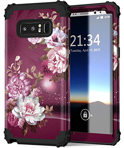 Hocase Galaxy Note 8 Case, Heavy Duty Shockproof Hard Plastic+Silicone Rubber Bumper Dual Layer Protective Case for Samsung Galaxy Note 8 (SM-N950) 2017 - Royal Purple/White Flowers