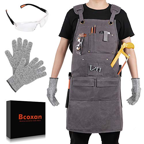 Bcoxan Woodworking Aprons for men,Shop Apron with Protective Gloves and Glasses, Heavy Duty Waxed Canvas Work Apron, Magnetic Strip Tool Apron For Men From S to XXL